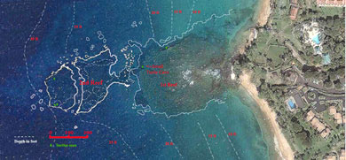 Dive Site map of Ulua Beach, copy right by J.M. Derrick 